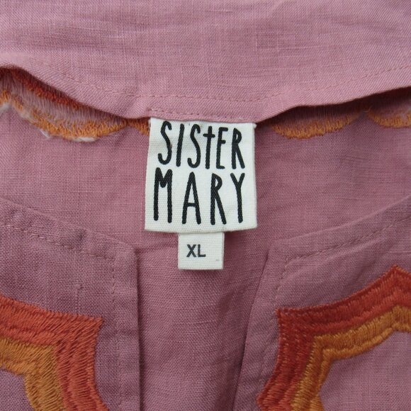 Sister Mary Linen Popover Blouse Pink Floral Embroidered Bird Mexican Style Top - Picture 4 of 7